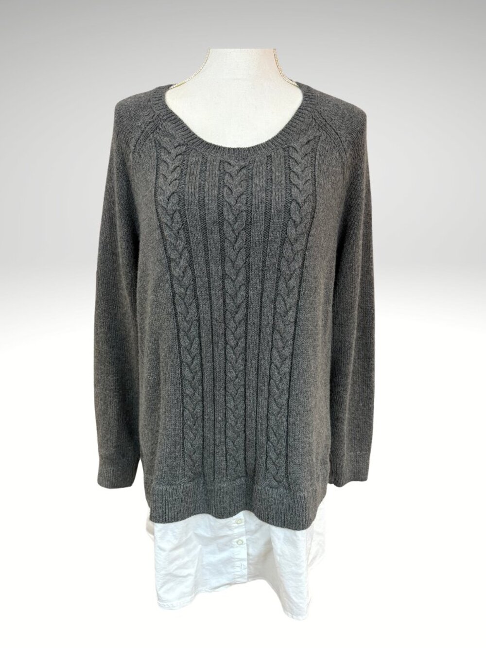 Women's Grey Cable Knit Preppy Layered Shirt Hem Sweater Tunic 1X (SKU: 64W)
